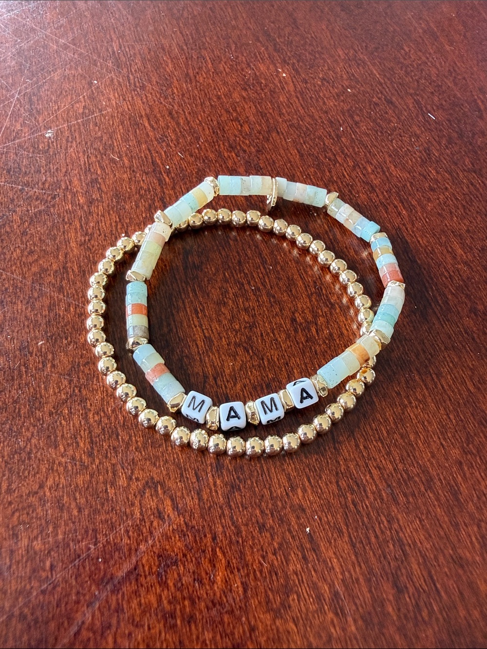 Marlyn Schiff Gold and Pastel Multicolor 'MAMA' Stretch Bracelet Set